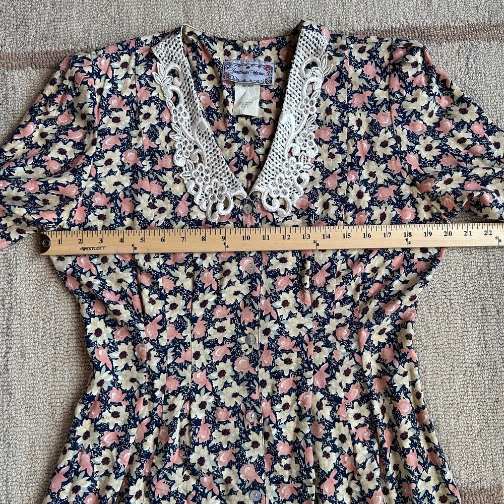 Vintage Floral Button Front Midi Dress Lace Collar Prairie Romantic Womens M - Picture 9 of 12